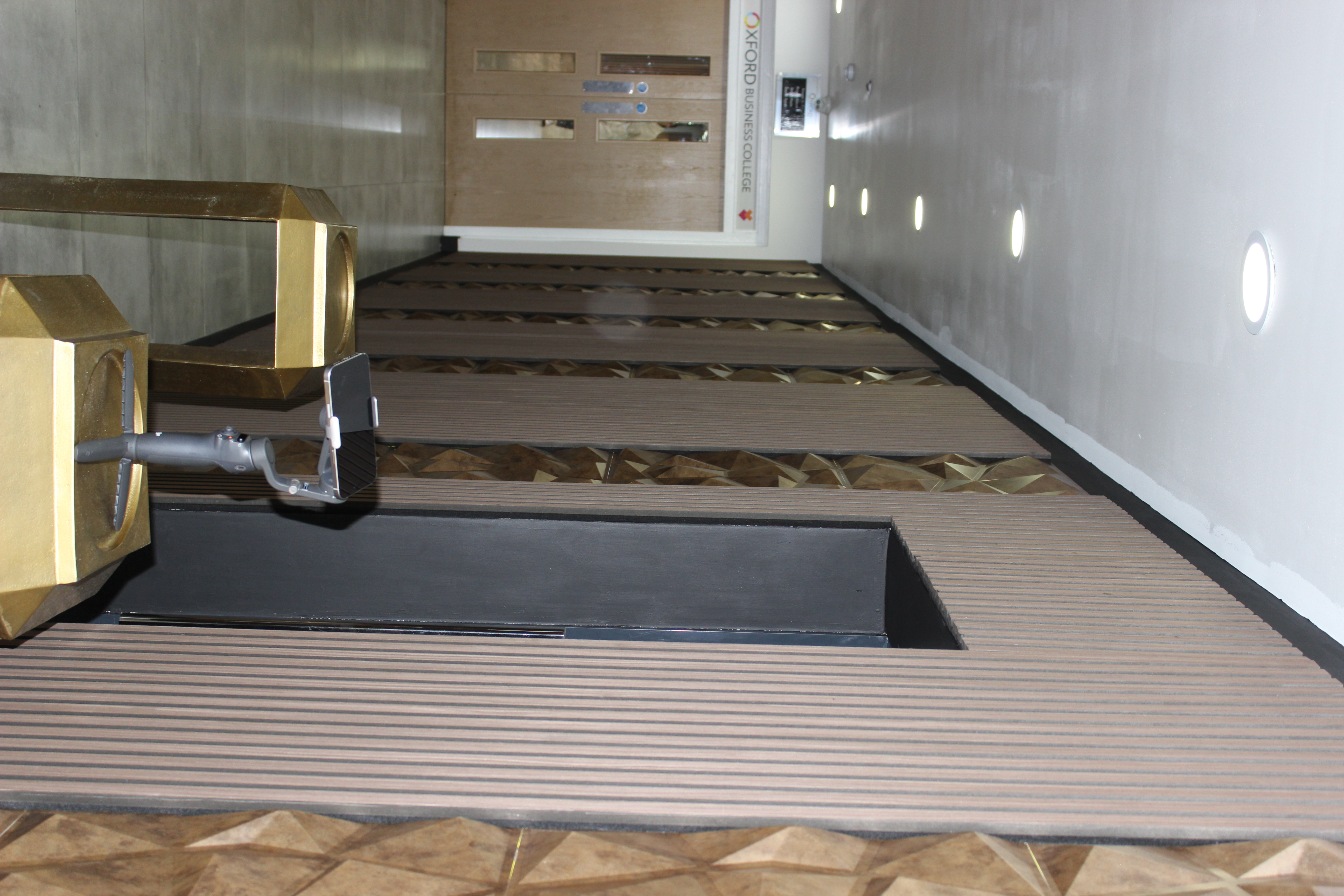 Geometric hallway with crafted wooden doors